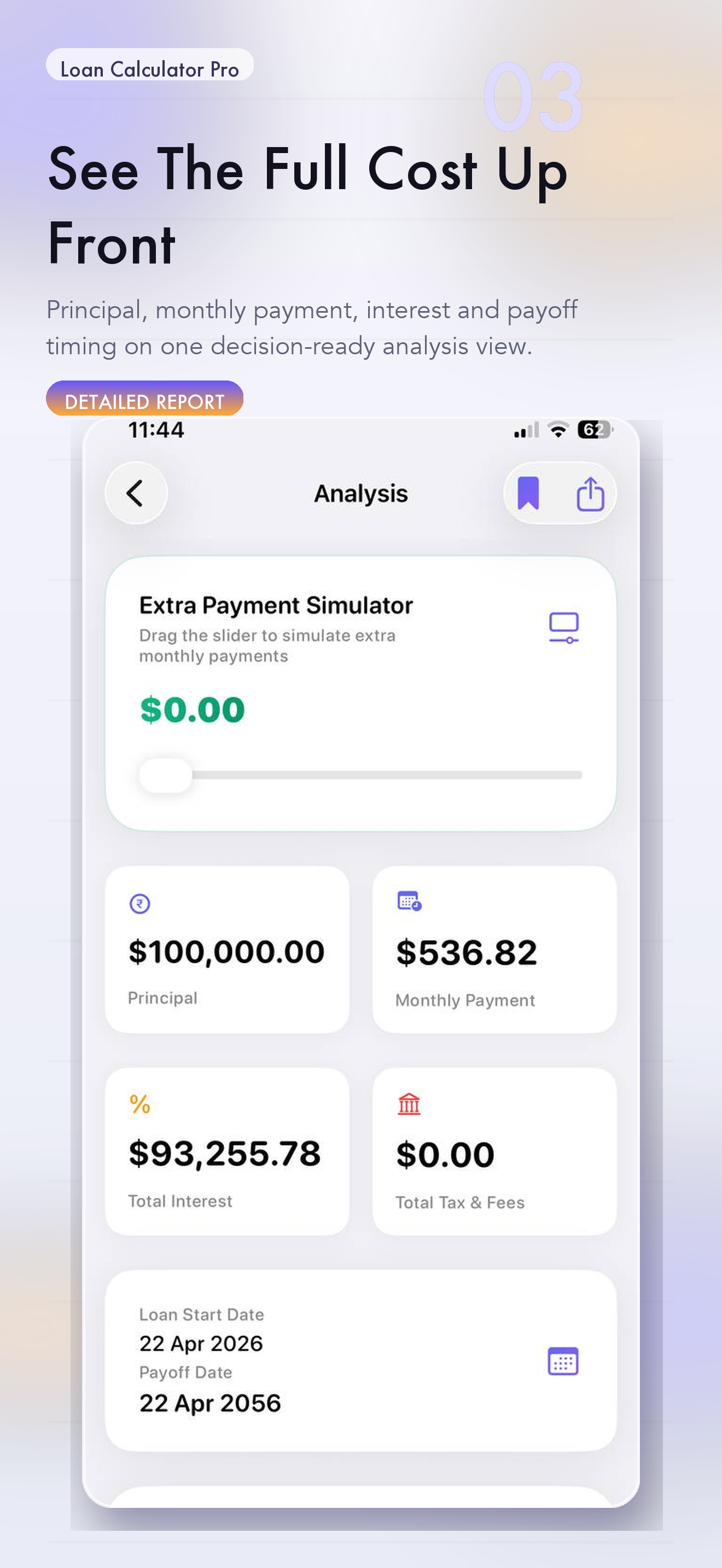 Loan Calculator Pro total cost analysis screen